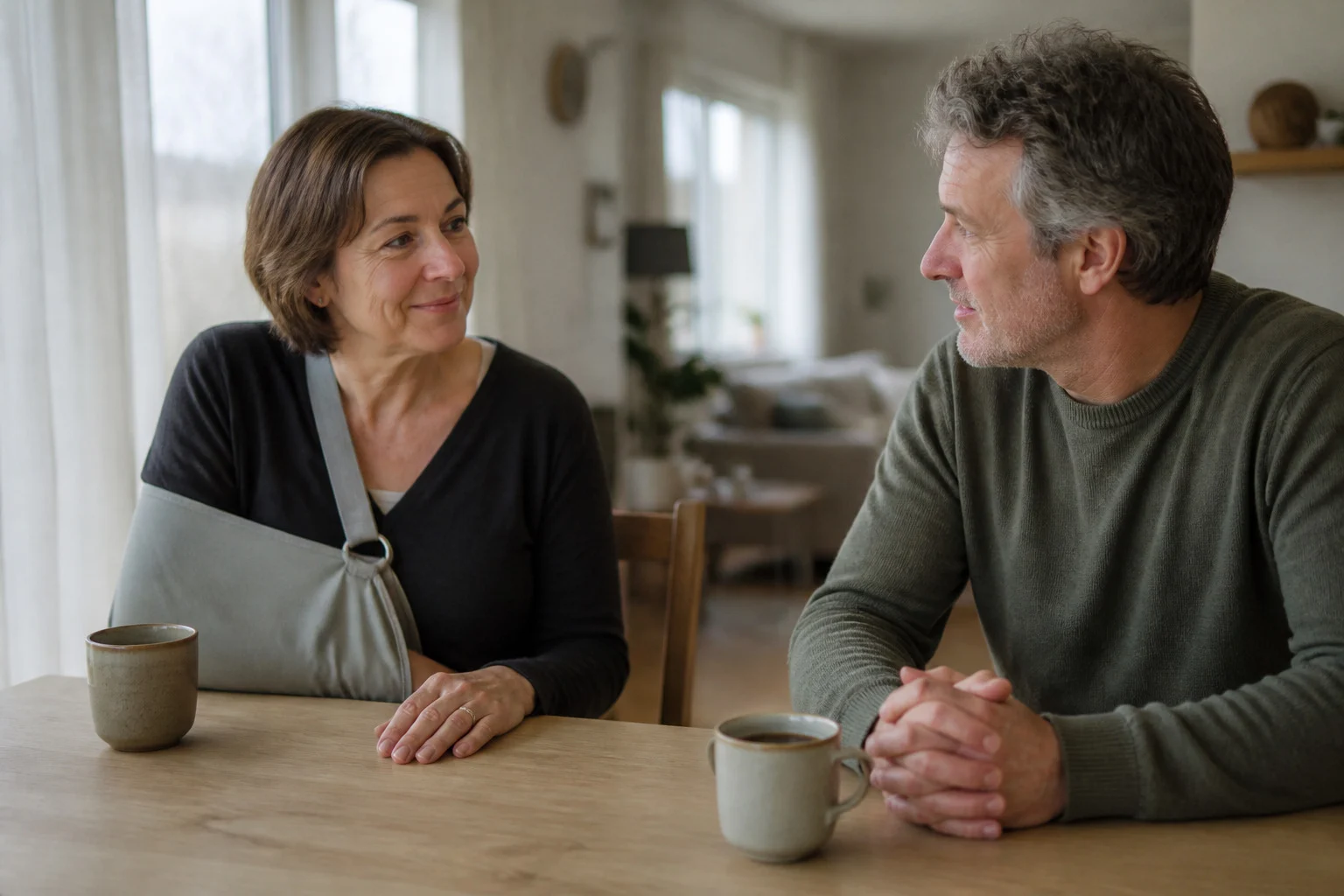Woman with her arm in a sling at the kitchen table, talking with her partner sitting next to her