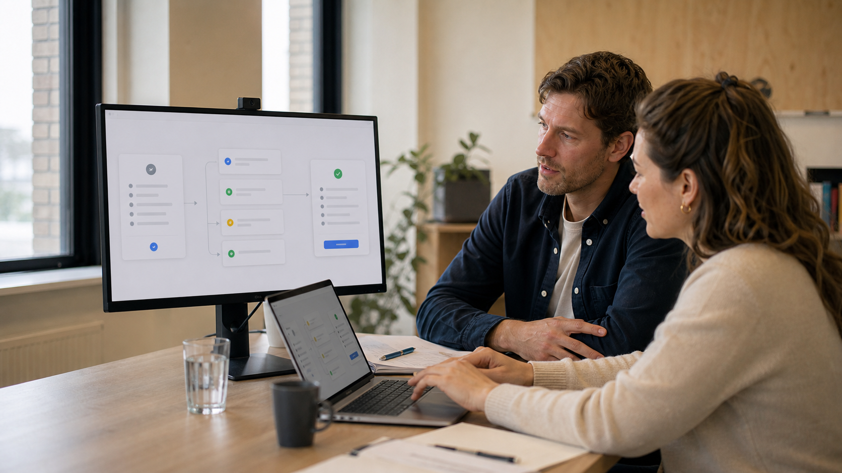 Two colleagues look together at a screen showing the setup of an AI assistant