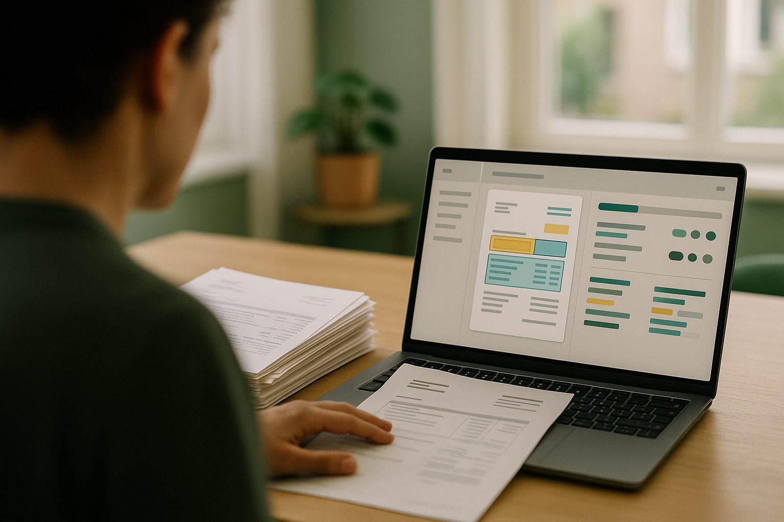 Someone checking automatically recognised invoice data next to the source document on a screen