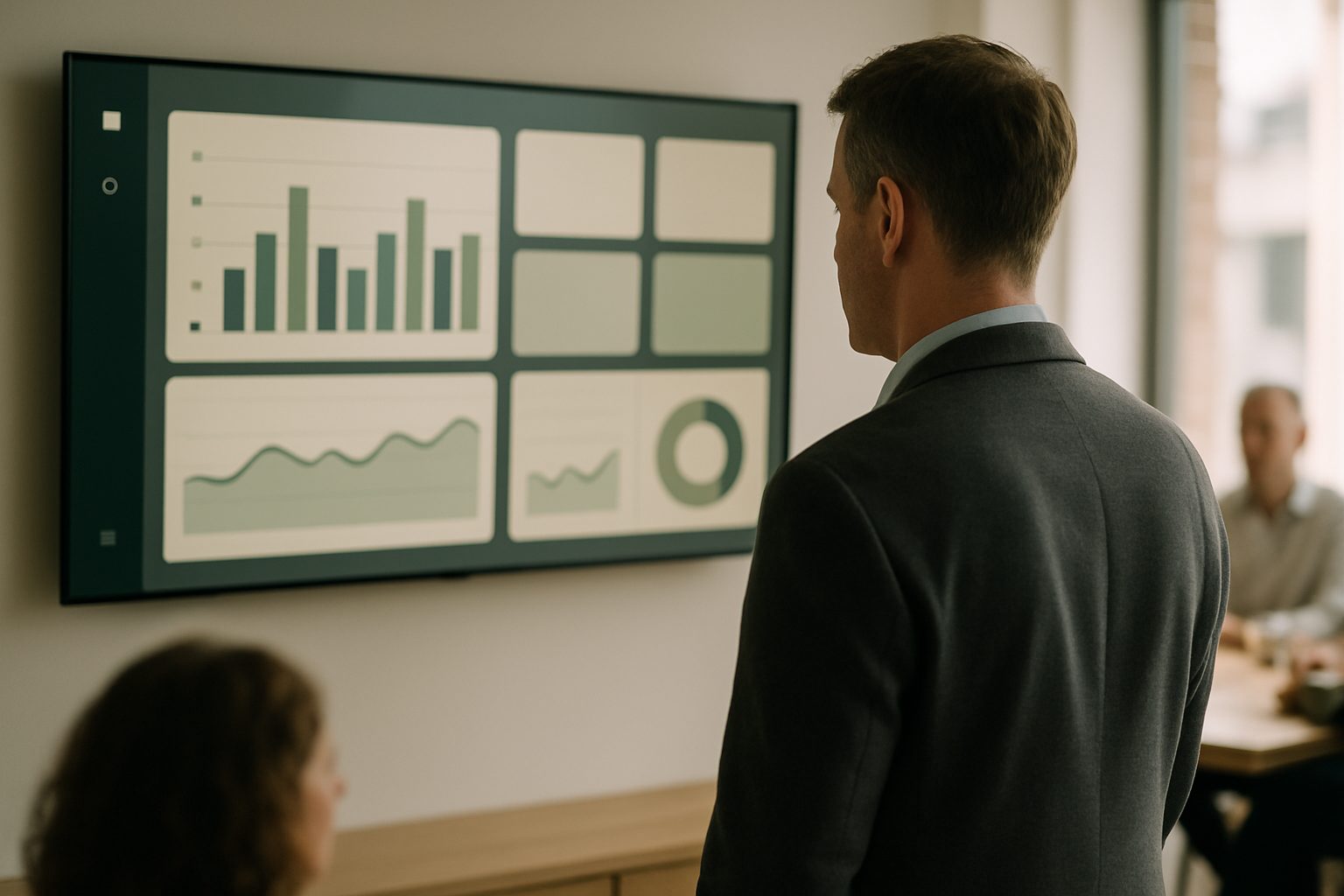 A dashboard with real-time KPI charts, status tables and reports on a large screen