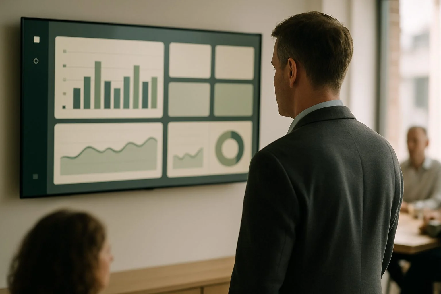 Een dashboard met realtime KPI-grafieken, statustabellen en rapportages op een groot beeldscherm