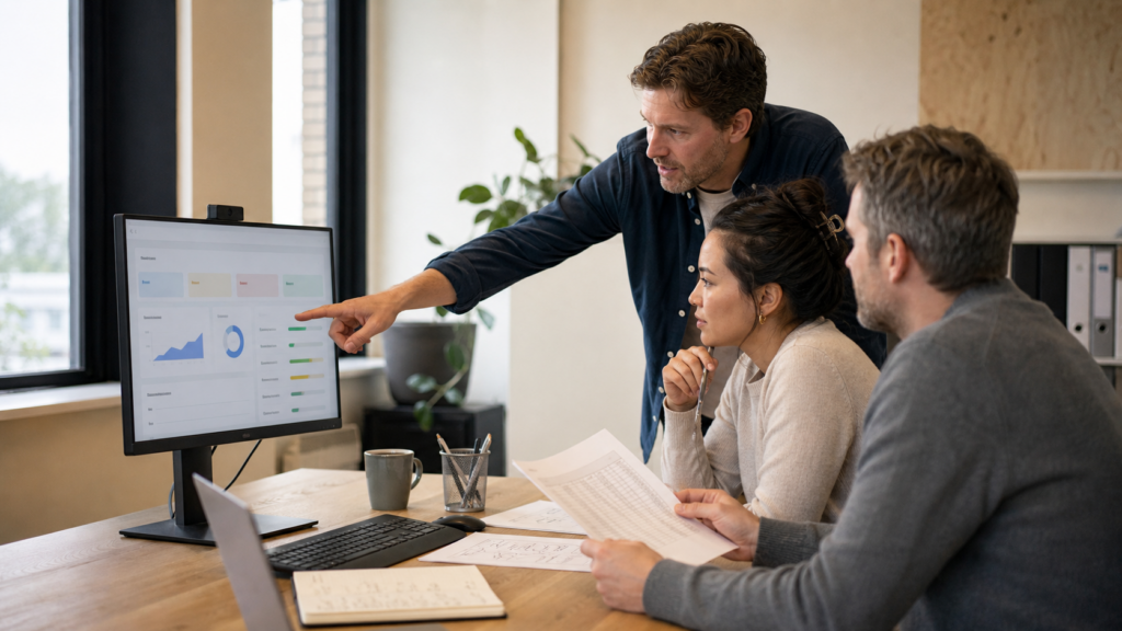 Three colleagues discuss a dashboard on a monitor, one of them pointing at a chart