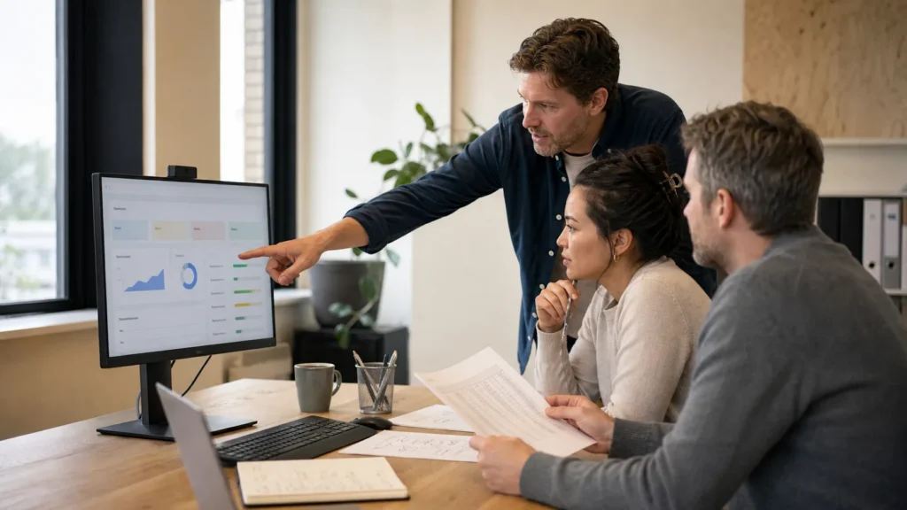 Drie collega's bespreken een dashboard op een monitor; een van hen wijst een grafiek aan