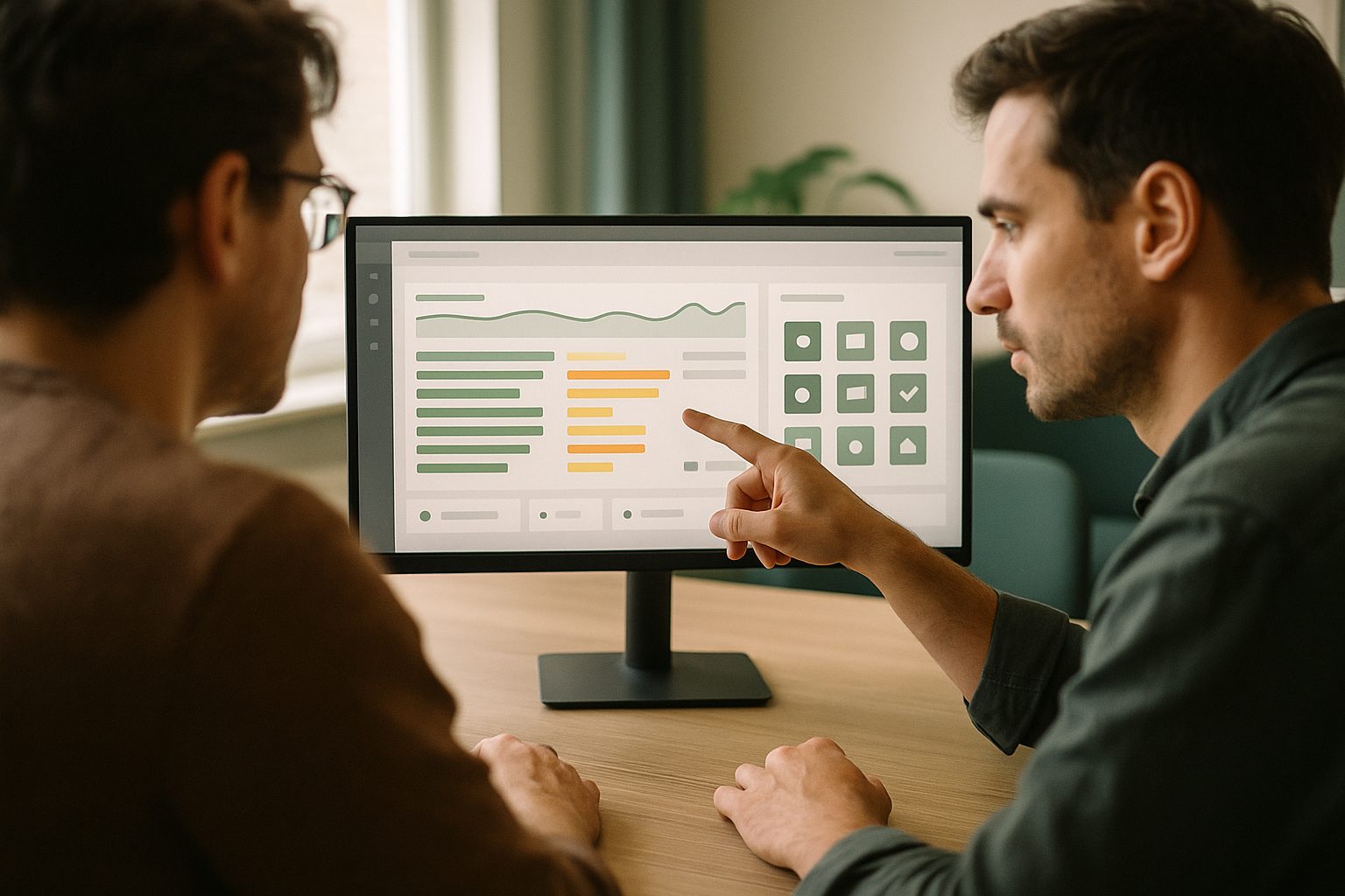 A developer at eenvoud looking at monitoring dashboards and the source code of an existing application on a laptop