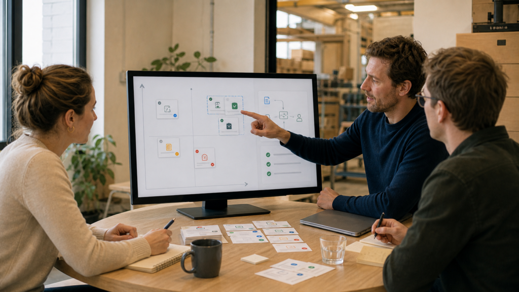 Three colleagues go through a process diagram on a screen at a table, with cards laid out in front of them