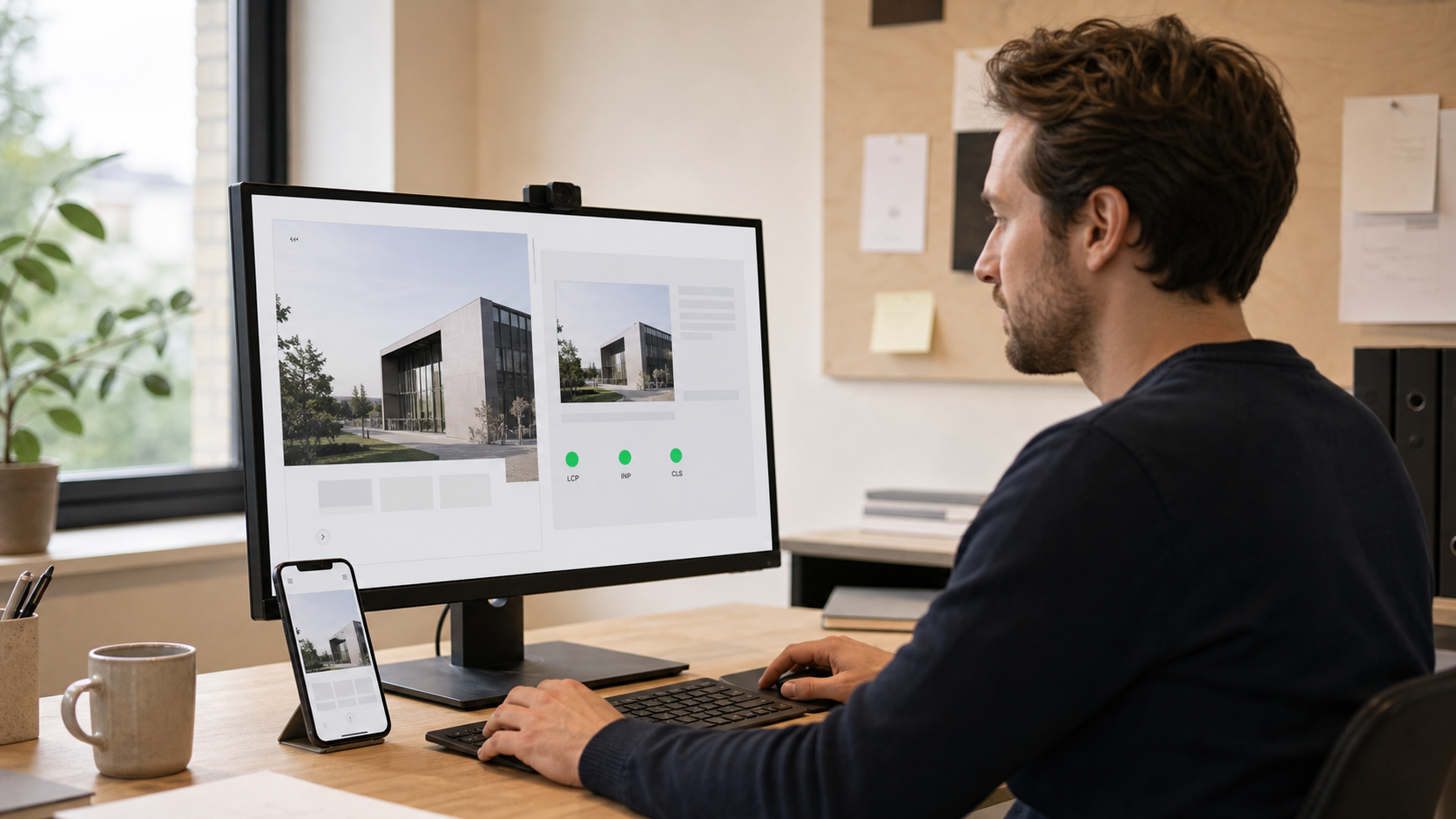 Developer checking a website on desktop and mobile with positive Core Web Vitals.