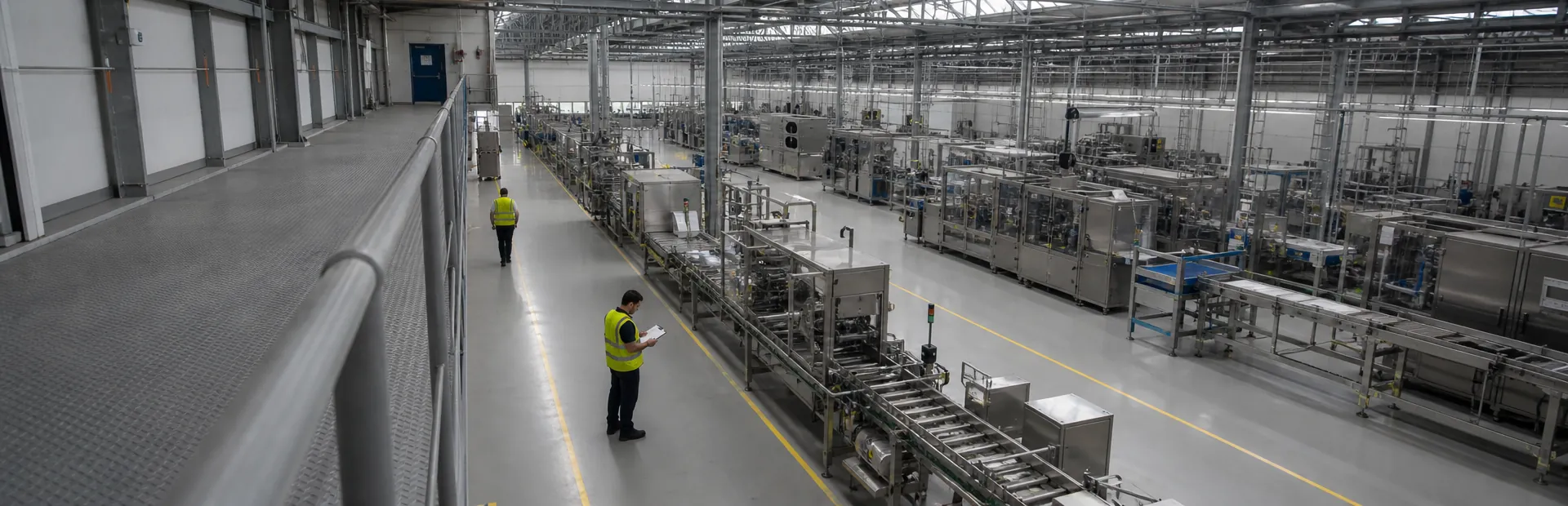 A factory floor seen from the walkway, where an employee notes figures on a clipboard