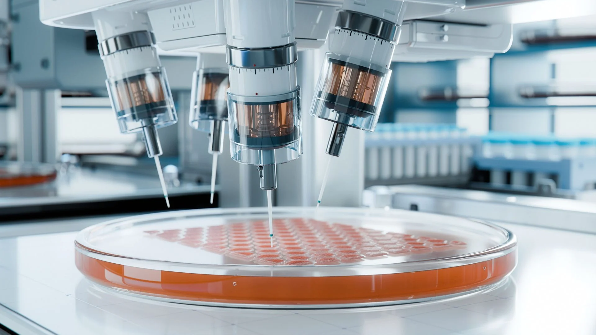 A laboratory robot pipetting samples into a petri dish, image for the Venture&Growth fund