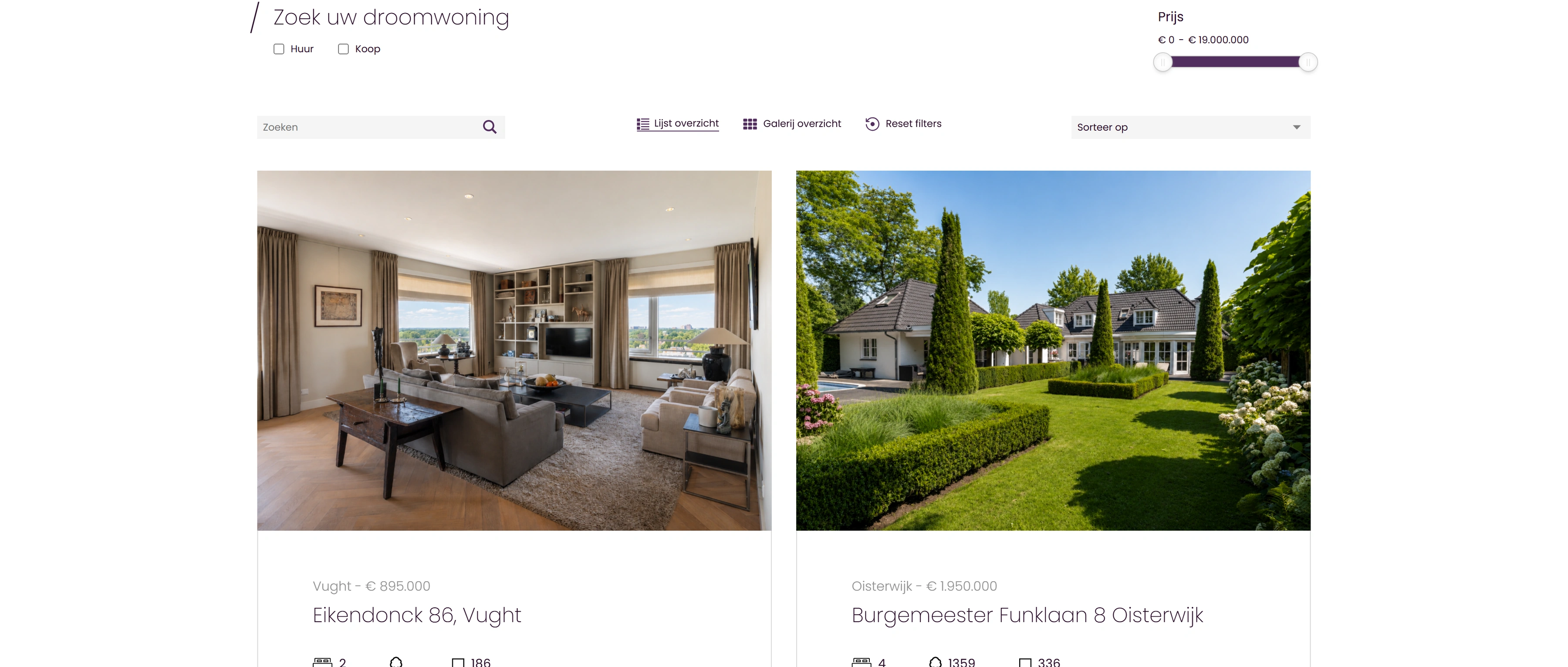 The property overview with price slider, filters and two homes side by side