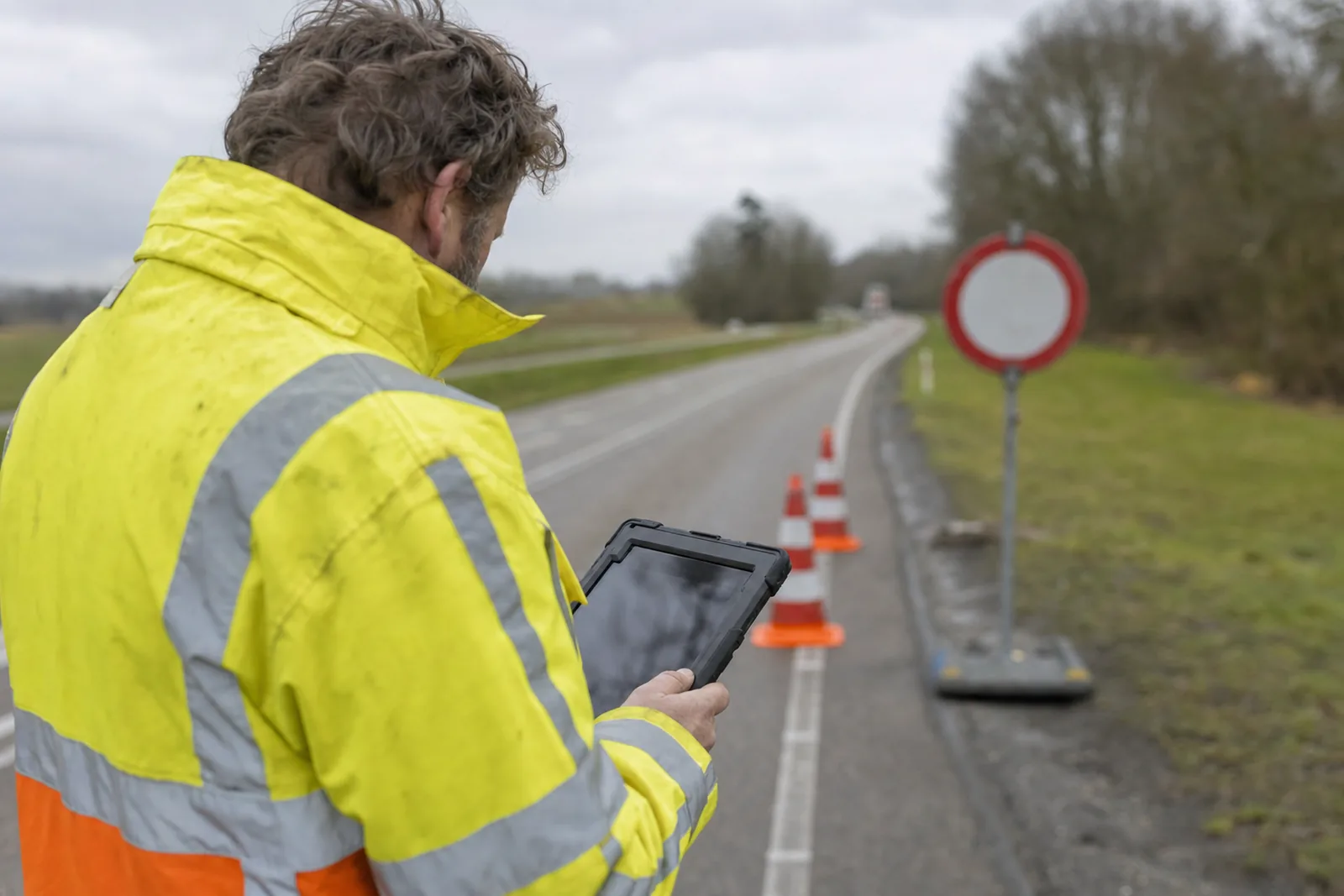 A field engineer reading his work order on the tablet