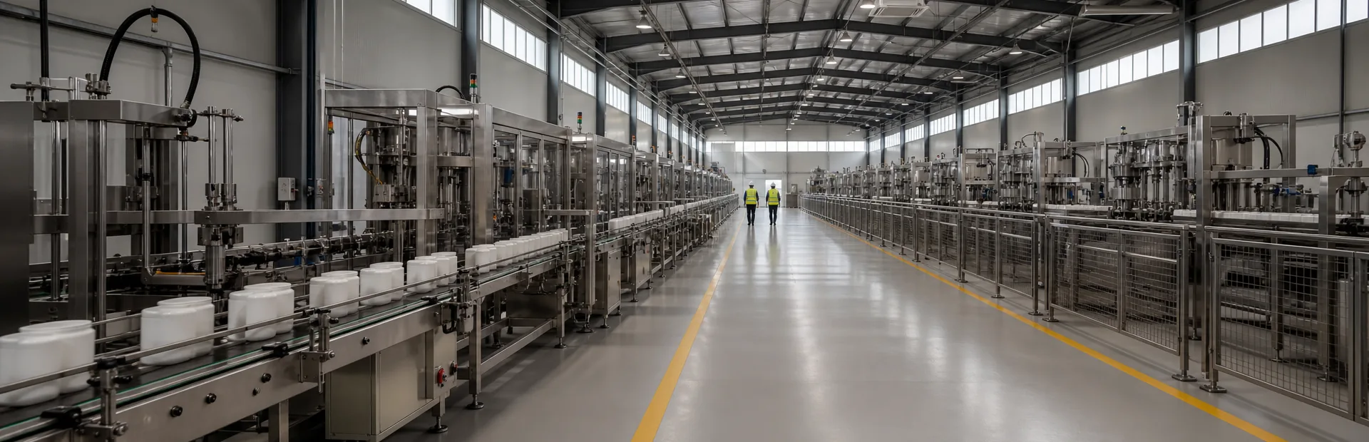 A production line with stations repeating to the back of the hall
