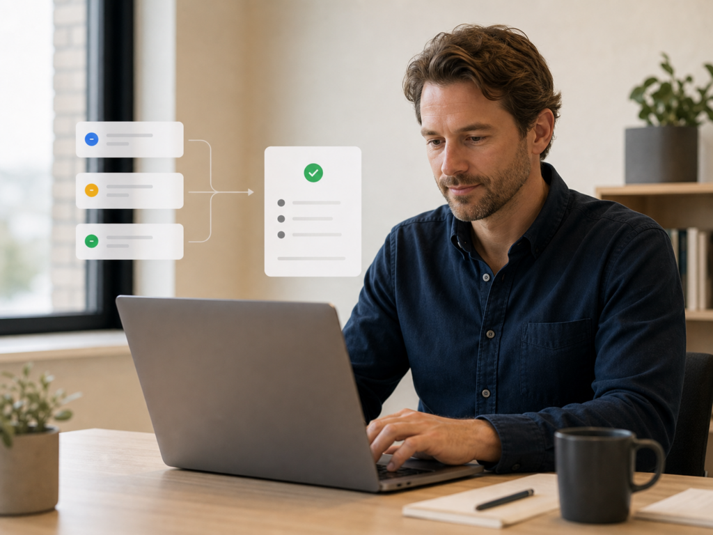 Someone works at a laptop, next to a diagram in which three steps come together in one completed task