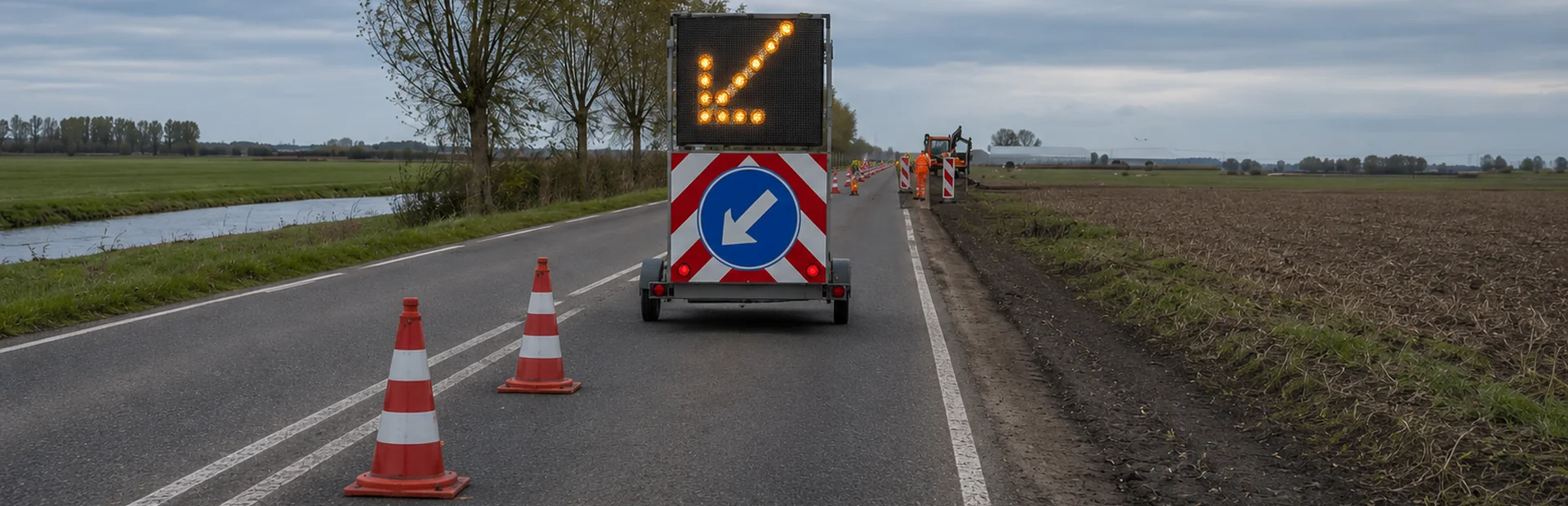 Arrow trailer and cones along a provincial road