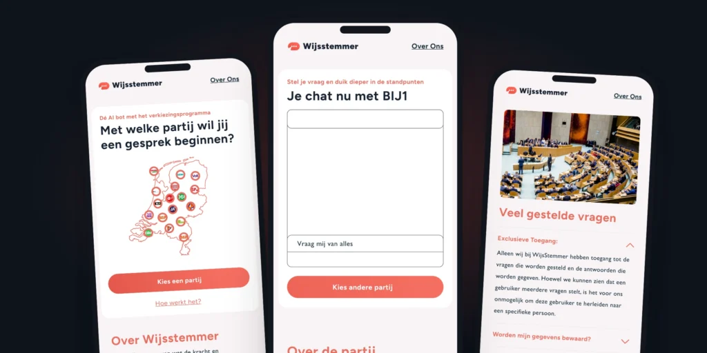Three Wijsstemmer screens on phones, against a dark background